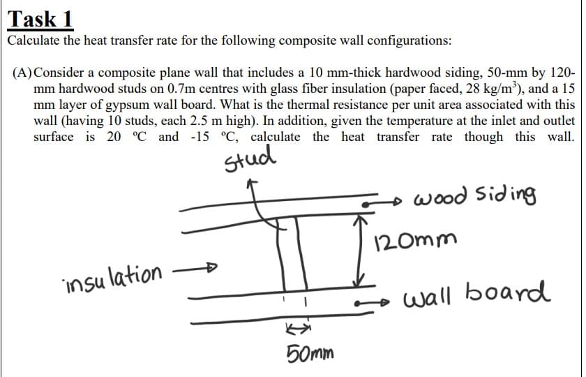 Task 1
Calculate the heat transfer rate for the following composite wall configurations:
(A) Consider a composite plane wall that includes a 10 mm-thick hardwood siding, 50-mm by 120-
mm hardwood studs on 0.7m centres with glass fiber insulation (paper faced, 28 kg/m³), and a 15
mm layer of gypsum wall board. What is the thermal resistance per unit area associated with this
wall (having 10 studs, each 2.5 m high). In addition, given the temperature at the inlet and outlet
surface is 20 °C and -15 °C, calculate the heat transfer rate though this wall.
stud
insulation
50mm
wood Siding
120mm
→ wall board