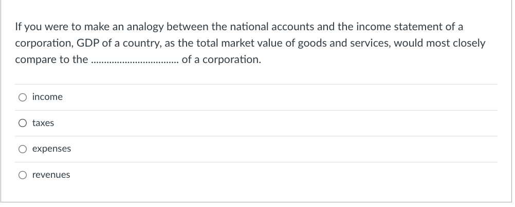 If you were to make an analogy between the national accounts and the income statement of a
corporation, GDP of a country, as the total market value of goods and services, would most closely
compare to the
of a corporation.
O income
O taxes
O expenses
O revenues
.........