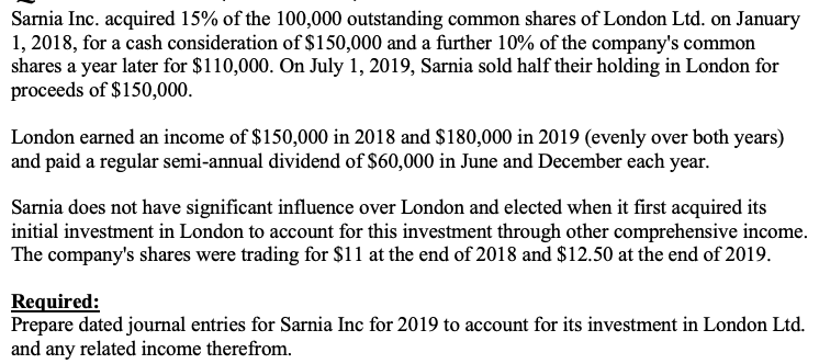 Sarnia Inc. acquired 15% of the 100,000 outstanding common shares of London Ltd. on January
1, 2018, for a cash consideration of $150,000 and a further 10% of the company's common
shares a year later for $110,000. On July 1, 2019, Sarnia sold half their holding in London for
proceeds of $150,000.
London earned an income of $150,000 in 2018 and $180,000 in 2019 (evenly over both years)
and paid a regular semi-annual dividend of $60,000 in June and December each year.
Sarnia does not have significant influence over London and elected when it first acquired its
initial investment in London to account for this investment through other comprehensive income.
The company's shares were trading for $11 at the end of 2018 and $12.50 at the end of 2019.
Required:
Prepare dated journal entries for Sarnia Inc for 2019 to account for its investment in London Ltd.
and any related income therefrom.
