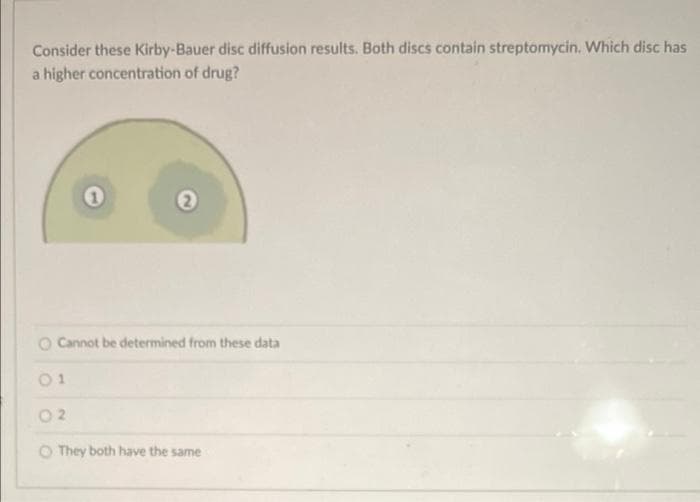 Consider these Kirby-Bauer disc diffusion results. Both discs contain streptomycin. Which disc has
a higher concentration of drug?
O Cannot be determined from these data
01
0 2
O They both have the same
