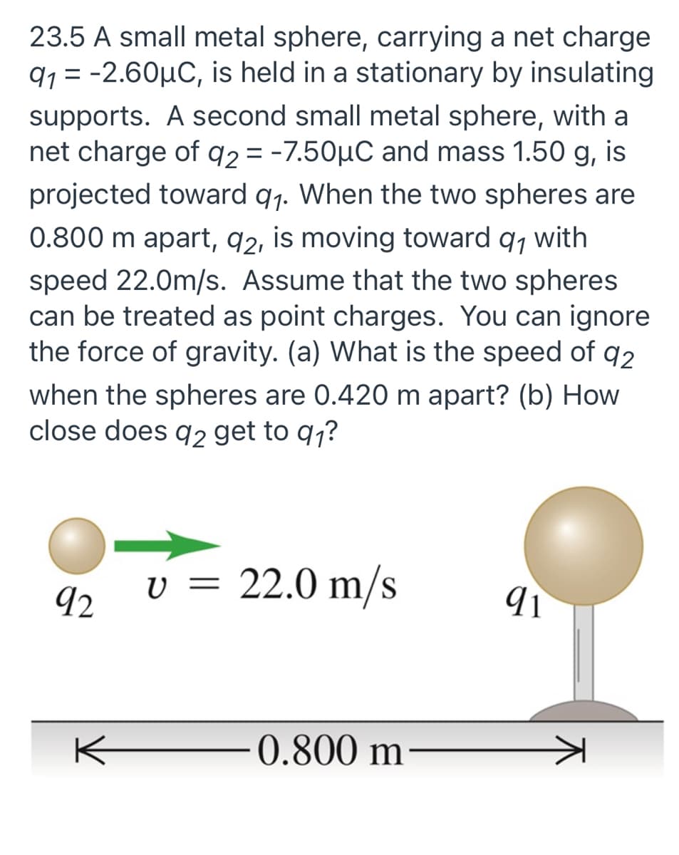23.5 A small metal sphere, carrying a net charge
91 = -2.60μC, is held in a stationary by insulating
supports. A second small metal sphere, with a
net charge of q2 = -7.50µC and mass 1.50 g, is
projected toward 9₁. When the two spheres are
0.800 m apart, 92, is moving toward q₁ with
91
speed 22.0m/s. Assume that the two spheres
can be treated as point charges. You can ignore
the force of gravity. (a) What is the speed of 92
when the spheres are 0.420 m apart? (b) How
close does 92 get to q₁?
92
K
v = 22.0 m/s
0.800 m
91