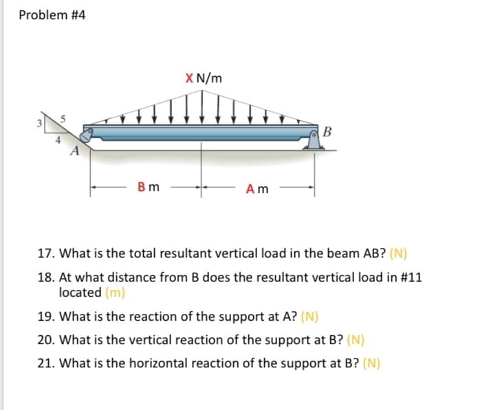 Problem #4
X N/m
B
В m
Am
17. What is the total resultant vertical load in the beam AB? (N)
18. At what distance from B does the resultant vertical load in #11
located (m)
19. What is the reaction of the support at A? (N)
20. What is the vertical reaction of the support at B? (N)
21. What is the horizontal reaction of the support at B? (N)
