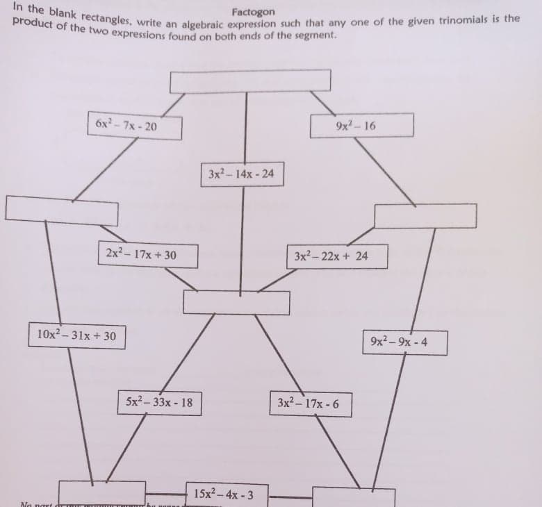 In the blank rectangles, write an algebraic expression such that any one of the given trinomials is the
product of the two expressions found on both ends of the segment.
Factogon
ar
6x - 7x - 20
9х? - 16
3x2-14x - 24
2x2- 17x + 30
3x2- 22x + 24
10x? – 31x + 30
9x2 – 9x - 4
5x2– 33x - 18
Зx2- 17х-6
15x2- 4x - 3
No nart
