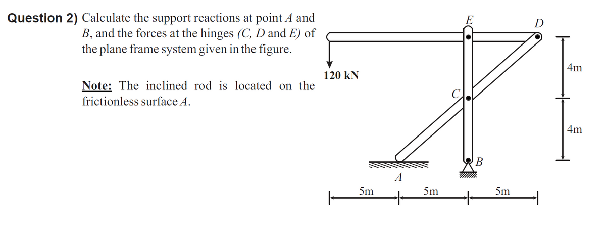 Question 2) Calculate the support reactions at point A and
B, and the forces at the hinges (C, D and E) of
the plane frame system given in the figure.
E
D
4m
120 kN
Note: The inclined rod is located on the
frictionless surface A.
4m
В
A
5m
5m
5m
