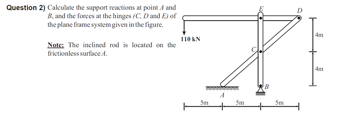 Question 2) Calculate the support reactions at point A and
B, and the forces at the hinges (C, D and E) of
the plane frame system given in the figure.
D
4m
110 kN
Note: The inclined rod is located on the
frictionless surface A.
4m
B
A
5m
5m
5m
to
