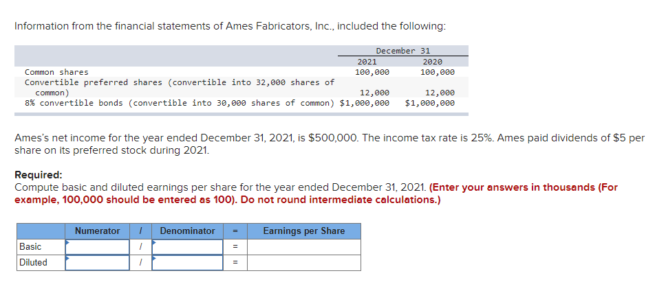 Information from the financial statements of Ames Fabricators, Inc., included the following:
December 31
2021
2020
Common shares
100,000
100,000
Convertible preferred shares (convertible into 32,000 shares of
common)
8% convertible bonds (convertible into 30,000 shares of common) $1,000,000
12,000
$1,000,000
12,000
Ames's net income for the year ended December 31, 2021, is $500,000. The income tax rate is 25%. Ames paid dividends of $5 per
share on its preferred stock during 2021.
Required:
Compute basic and diluted earnings per share for the year ended December 31, 2021. (Enter your answers in thousands (For
example, 100,000 should be entered as 100). Do not round intermediate calculations.)
Numerator
Denominator
Earnings per Share
Basic
%3D
Diluted
%3D
