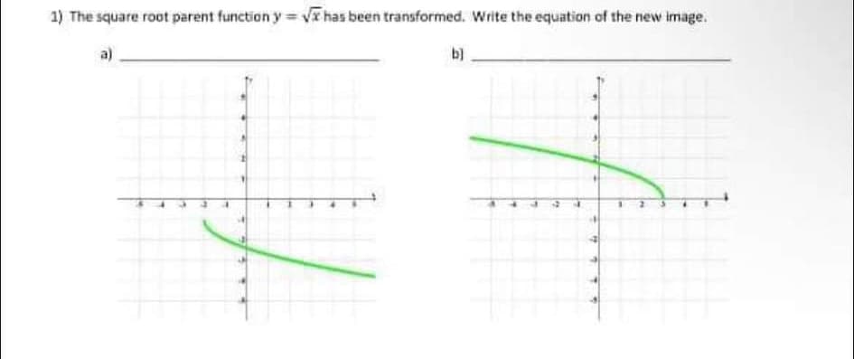 1) The square root parent function y = vx has been transformed. Write the equation of the new image.
b)
