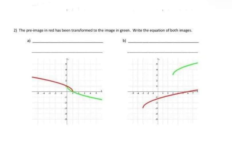 2) The pre-image in red has been transformed to the image in green. Write the equation of both images.
b)

