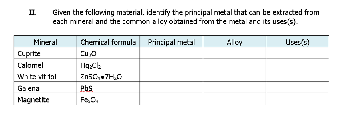 II.
Given the following material, identify the principal metal that can be extracted from
each mineral and the common alloy obtained from the metal and its uses(s).
Mineral
Chemical formula
Principal metal
Alloy
Uses(s)
Cuprite
CuzO
Calomel
Hg2Cl2
White vitriol
ZNSO4•7H20
Galena
PbS
Magnetite
Fe;04
