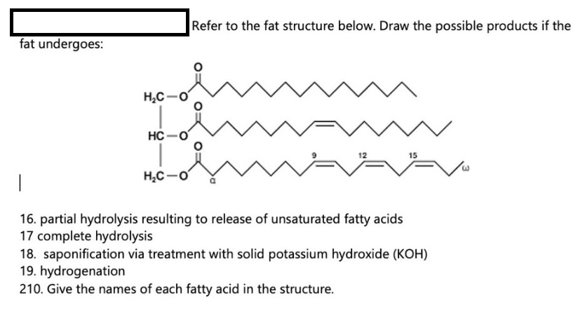 fat undergoes:
H₂C-O
HC-O
|
H₂C-O
Refer to the fat structure below. Draw the possible products if the
✓²=
|
16. partial hydrolysis resulting to release of unsaturated fatty acids
17 complete hydrolysis
15
18. saponification via treatment with solid potassium hydroxide (KOH)
19. hydrogenation
210. Give the names of each fatty acid in the structure.