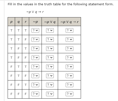 Fill in the values in the truth table for the following statement form.
~p V q +r
~p V q
~p V q → r
F
F
F
F
F
T.
F
F
国回回
国回回
