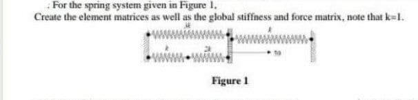 - For the spring system given in Figure 1,
Create the element matrices as well as the global stiffness and force matrix, note that k=1.
Figure 1
