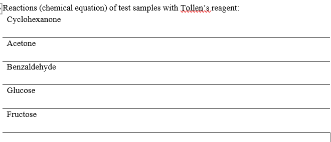 Reactions (chemical equation) of test samples with Tollen's reagent:
Cyclohexanone
Acetone
Benzaldehyde
Glucose
Fructose
