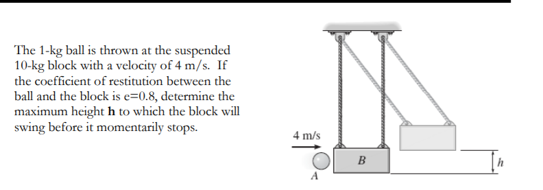The 1-kg ball is thrown at the suspended
10-kg block with a velocity of 4 m/s. If
the coefficient of restitution between the
ball and the block is e=0.8, determine the
maximum height h to which the block will
swing before it momentarily stops.
4 m/s
В
h
A
