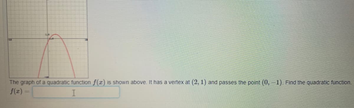 The graph of a quadratic function f(x) is shown above. It has a vertex at (2, 1) and passes the point (0,-1). Find the quadratic function.
f(x)
%3D
