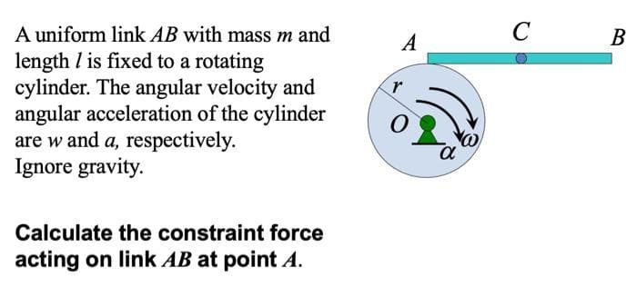 с в
C
A uniform link AB with mass m and
length I is fixed to a rotating
cylinder. The angular velocity and
angular acceleration of the cylinder
are w and a, respectively.
Ignore gravity.
A
Calculate the constraint force
acting on link AB at point A.
