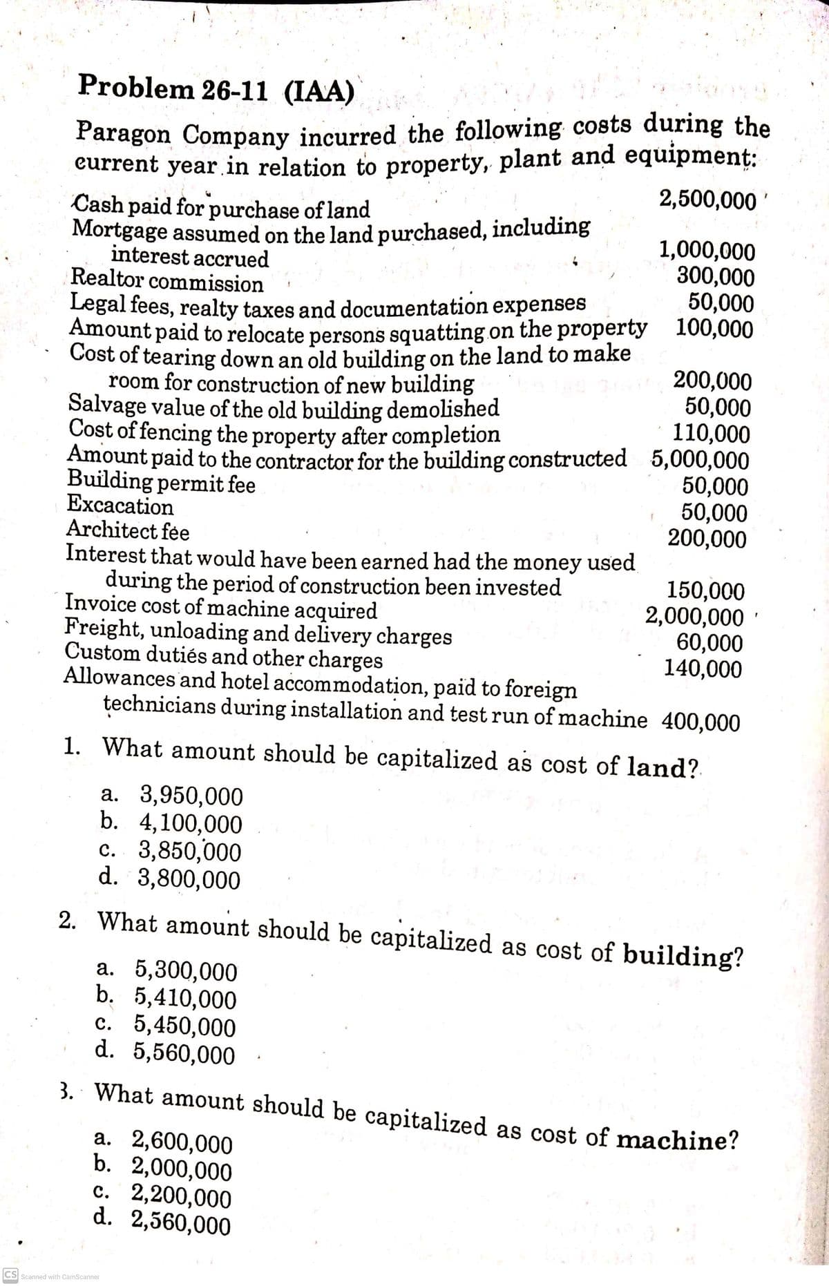 Problem 26-11 (IAA)
Paragon Company incurred the following costs during the
eurrent year in relation to property, plant and equipmenț:
2,500,000 '
Cash paid for purchase of land
Mortgage assumed on the land purchased, including
interest accrued
Realtor commission
1,000,000
300,000
50,000
Legal fees, realty taxes and documentation expenses
Amount paid to relocate persons squatting on the property 100,000
Cost of tearing down an old building on the land to make
room for construction of new building
Salvage value of the old building demolished
Cost of fencing the property after completion
Amount paid to the contractor for the building constructed 5,000,000
Building permit fee
Еxcacation
Architect fée
Interest that would have been earned had the money used
during the period of construction been invested
Invoice cost of machine acquired
Freight, unloading and delivery charges
Custom dutiés and other charges
Allowances and hotel accommodation, paid to foreign
technicians during installation and test run of machine 400,000
200,000
50,000
110,000
50,000
50,000
200,000
150,000
2,000,000
60,000
140,000
1. What amount should be capitalized as cost of land?
а. 3,950,000
b. 4,100,000
c. 3,850,000
d. 3,800,000
2. What amount should be capitalized as cost of building?
a. 5,300,000
b. 5,410,000
с. 5,450,000
d. 5,560,000
3. What amount should be capitalized as cost of machine?
a. 2,600,000
b. 2,000,000
с. 2,200,000
d. 2,560,000
CS Scanned with CamScanner
