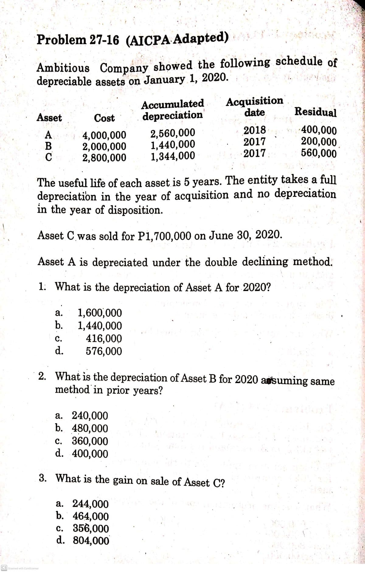Problem 27-16 (AICPA Adapted)
Ambitious Company showed the following schedule of
depreciable assets on January 1, 2020.
Accumulated
depreciation
Acquisition
date
Residual
Asset
Cost
4,000,000
2,000,000
2,800,000
2,560,000
1,440,000
1,344,000
2018
2017
2017
400,000
200,000.
560,000
The useful life of each asset is 5 years. The entity takes a full
depreciation in the year of acquisition and no depreciation
in the year of disposition.
Asset C was sold for P1,700,000 on June 3ọ, 2020.
O on
Asset A is depreciated under the double declining method.
1: What is the depreciation of Asset A for 2020?
1,600,000
b.
а.
1,440,000
416,000
576,000
с.
d.
2. What is the depreciation of Asset B for 2020 ansuming same
method in prior years?
а. 240,000
b. 480,000
c. 360,000
d. 400,000
3. What is the gain on sale of Asset C?
a. 244,000
b. 464,000
c. 356,000
d. 804,000
CS Scanned with CamScanner
ABC
