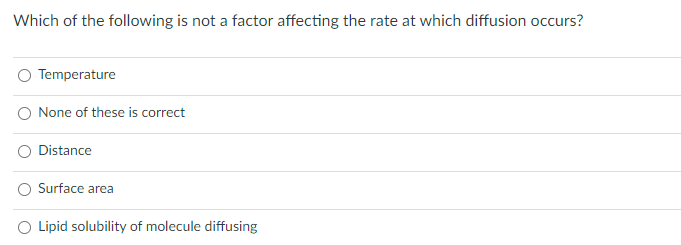 Which of the following is not a factor affecting the rate at which diffusion occurs?
Temperature
None of these is correct
Distance
Surface area
O Lipid solubility of molecule diffusing
