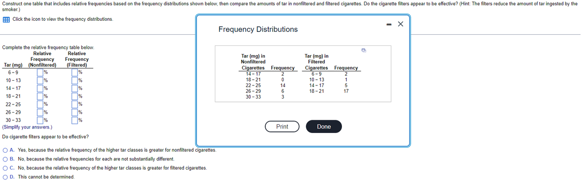 Construct one table that includes relative frequencies based on the frequency distributions shown below, then compare the amounts of tar in nonfiltered and filtered cigarettes. Do the cigarette filters appear to be effective? (Hint: The filters reduce the amount of tar ingested by the
smoker.)
Click the icon to view the frequency distributions.
Complete the relative frequency table below.
Relative
Relative
Tar (mg) (Nonfiltered) (Filtered)
6-9
%
%
10-13
%
%
if
14-17
%
%
18-21
%
%
22-25
%
%
26-29
1%
%
%
%
Frequency Frequency
30-33
(Simplify your answers.)
Do cigarette filters appear to be effective?
O A. Yes, because the relative frequency of the higher tar classes is greater for nonfiltered cigarettes.
O B. No, because the relative frequencies for each are not substantially different.
O C. No, because the relative frequency of the higher tar classes is greater for filtered cigarettes.
O D. This cannot be determined.
Frequency Distributions
Tar (mg) in
Nonfiltered
Cigarettes Frequency
14-17
2
18-21
0
22-25
26-29
30-33
14
6
3
Print
Tar (mg) in
Filtered
Cigarettes
6-9
10-13
14-17
18-21
Done
Frequency
2
1
5
17
X