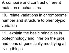 9. compare and contrast different
mutation mechanisms
10. relate variations in chromosome
number and structure to phenotypic
variation
11. explain the basic principles in
biotechnology and infer on the pros
and cons of genetically modifying all
living things
