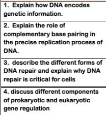 1. Explain how DNA encodes
genetic information.
2. Explain the role of
complementary base pairing in
the precise replication process of
DNA.
3. describe the different forms of
DNA repair and explain why DNA
repair is critical for cells
4. discuss different components
of prokaryotic and eukaryotic
gene regulation
