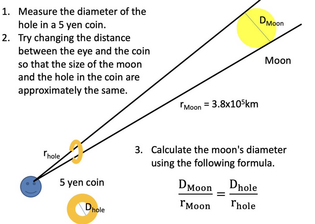 1. Measure the diameter of the
hole in a 5 yen coin.
2. Try changing the distance
between the eye and the coin
so that the size of the moon
and the hole in the coin are
approximately the same.
Thole
5 yen coin
Dhole
Moon = 3.8x105km
DMoon
DMoon Dhole
rMoon rhole
Moon
3. Calculate the moon's diameter
using the following formula.
