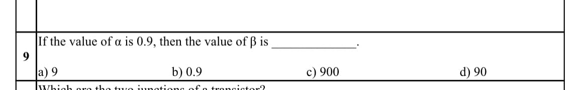 If the value of a is 0.9, then the value of ß is
a) 9
b) 0.9
c) 900
d) 90
Which oro the t wo junotions ofo trongistor?
