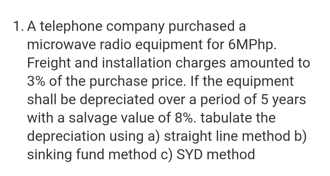 1. A telephone company purchased a
microwave radio equipment for 6MPH..
Freight and installation charges amounted to
3% of the purchase price. If the equipment
shall be depreciated over a period of 5 years
with a salvage value of 8%. tabulate the
depreciation using a) straight line method b)
sinking fund method c) SYD method

