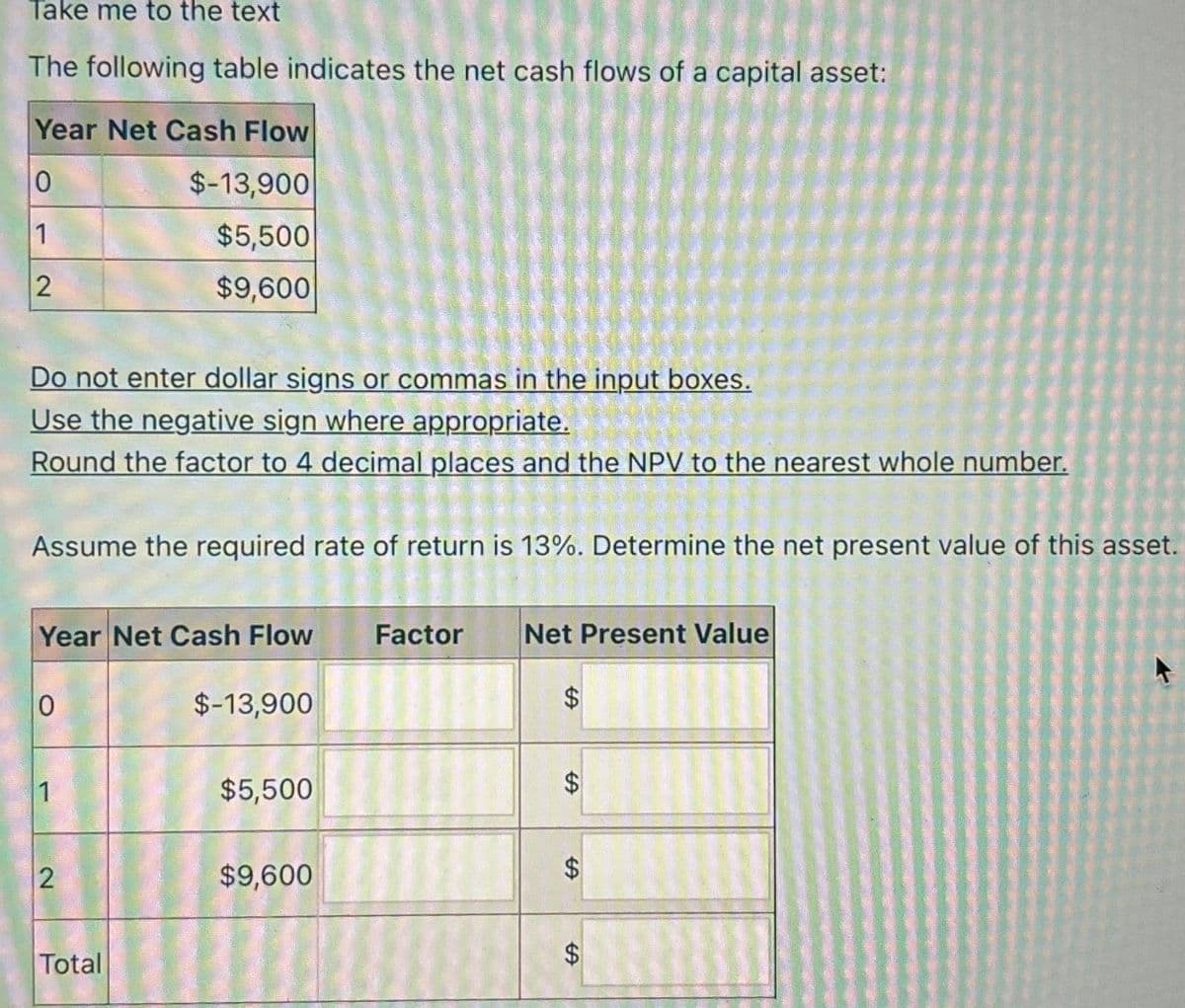 Take me to the text
The following table indicates the net cash flows of a capital asset:
Year Net Cash Flow
0
$-13,900
1
$5,500
2
$9,600
Do not enter dollar signs or commas in the input boxes.
Use the negative sign where appropriate.
Round the factor to 4 decimal places and the NPV to the nearest whole number.
Assume the required rate of return is 13%. Determine the net present value of this asset.
Year Net Cash Flow
0
1
2
Total
$-13,900
$5,500
$9,600
Factor Net Present Value
SA
$
A