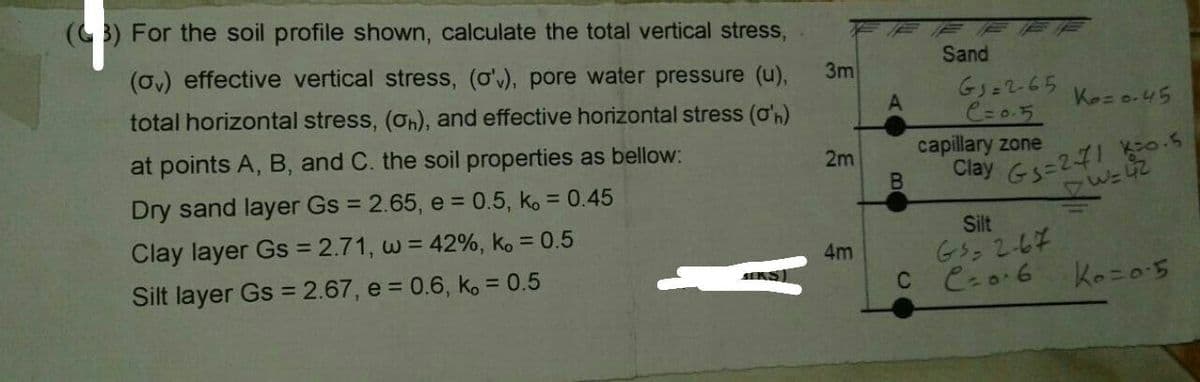 (3) For the soil profile shown, calculate the total vertical stress,
(ov) effective vertical stress, (ov), pore water pressure (u),
total horizontal stress, (on), and effective horizontal stress (on)
at points A, B, and C. the soil properties as bellow:
Dry sand layer Gs = 2.65, e = 0.5, k, = 0.45
Clay layer Gs = 2.71, w = 42%, k = 0.5
Silt layer Gs = 2.67, e = 0.6, ko = 0.5
3m
2m
4m
A
B
C
Sand
G5=2-65
C=0.5
capillary zone
Ke=0-45
Clay G₁=271 0.5
Silt
G5= 2-67
C=0.6
40=42
Ko=0-5