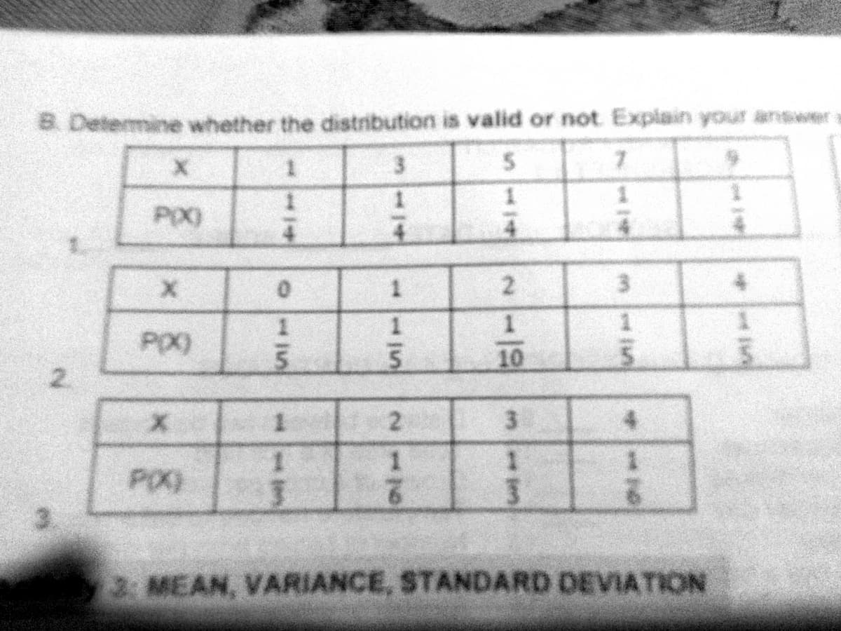 8. Determine whether the distribution is valid or not Explain your answer
1.
PO)
4.
10
1.
4.
1.
PO)
2 MEAN, VARIANCE, STANDARD DEVIATION
SI14
3114
2112
