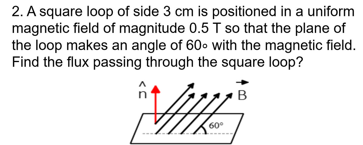 2. A square loop of side 3 cm is positioned in a uniform
magnetic field of magnitude 0.5 T so that the plane of
the loop makes an angle of 60. with the magnetic field.
Find the flux passing through the square loop?
60°
