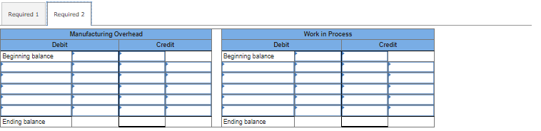 Required 2
Debit
Required 1
Beginning balance
Ending balance
Manufacturing Overhead
Credit
Debit
Beginning balance
Ending balance
Work in Process
Credit