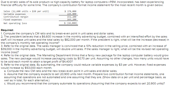 Due to erratic sales of its sole product-a high-capacity battery for laptop computers-PEM, Incorporated, has been experiencing
financial difficulty for some time. The company's contribution format income statement for the most recent month is given below:
Sales (12,600 units × $30 per unit)
Variable expenses
Contribution margin
Fixed expenses
$ 378,000
226,800
151,200
169,200
Net operating loss.
$ (18,000)
Required:
1. Compute the company's CM ratio and its break-even point in unit sales and dollar sales.
2. The president believes that a $6,600 increase in the monthly advertising budget, combined with an intensified effort by the sales
staff, will increase unit sales and the total sales by $82,000 per month. If the president is right, what will be the increase (decrease) in
the company's monthly net operating income?
3. Refer to the original data. The sales manager is convinced that a 10% reduction in the selling price, combined with an increase of
$39,000 in the monthly advertising budget, will double unit sales. If the sales manager is right, what will be the revised net operating
income (loss)?
4. Refer to the original data. The Marketing Department thinks that a fancy new package for the laptop computer battery would grow
sales. The new package would increase packaging costs by $0.70 per unit. Assuming no other changes, how many units would have
to be sold each month to attain a target profit of $4,400?
5. Refer to the original data. By automating, the company could reduce variable expenses by $3 per unit. However, fixed expenses
would increase by $53,000 each month.
a. Compute the new CM ratio and the new break-even point in unit sales and dollar sales.
b. Assume that the company expects to sell 20,900 units next month. Prepare two contribution format income statements, one
assuming that operations are not automated and one assuming that they are. (Show data on a per unit and percentage basis, as
well as in total, for each alternative.)
c. Would you recommend that the company automate its operations (Assuming that the company expects to sell 20,900 units)?