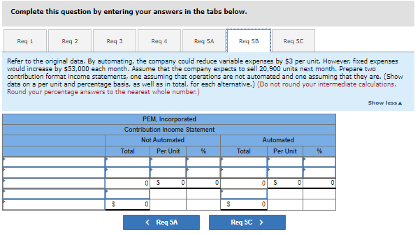 Complete this question by entering your answers in the tabs below.
Req 1
Req 2
Req 3
Req 4
Req SA
Req SB
Req 5C
Refer to the original data. By automating, the company could reduce variable expenses by $3 per unit. However, fixed expenses
would increase by $53,000 each month. Assume that the company expects to sell 20,900 units next month. Prepare two
contribution format income statements, one assuming that operations are not automated and one assuming that they are. (Show
data on a per unit and percentage basis, as well as in total, for each alternative.) (Do not round your intermediate calculations.
Round your percentage answers to the nearest whole number.)
Show less A
PEM, Incorporated
Contribution Income Statement
Not Automated
Automated
Per Unit
Total
Per Unit
%
%
0 S
0
Req 5C >
$
0 S
0
< Req 5A
0
0
S
Total
0