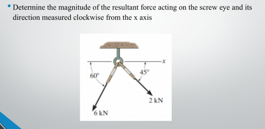 • Determine the magnitude of the resultant force acting on the screw eye and its
direction measured clockwise from the x axis
45°
60°
2 kN
6 kN
