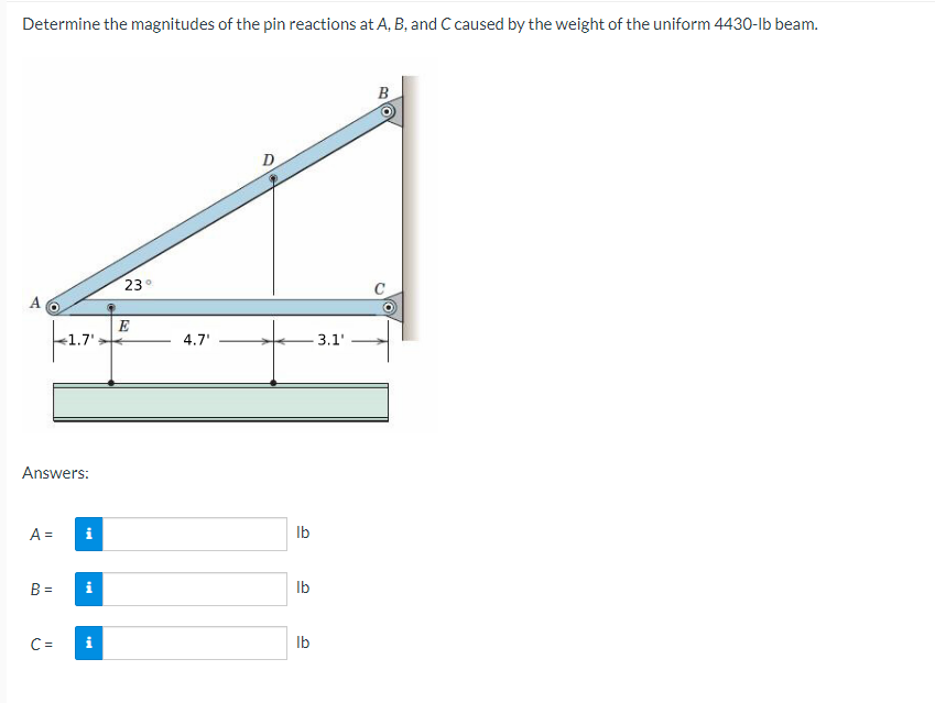 Determine the magnitudes of the pin reactions at A, B, and C caused by the weight of the uniform 4430-lb beam.
B
23°
E
e1.7'
4.7'
3.1'
Answers:
A =
Ib
B =
i
Ib
C =
Ib
