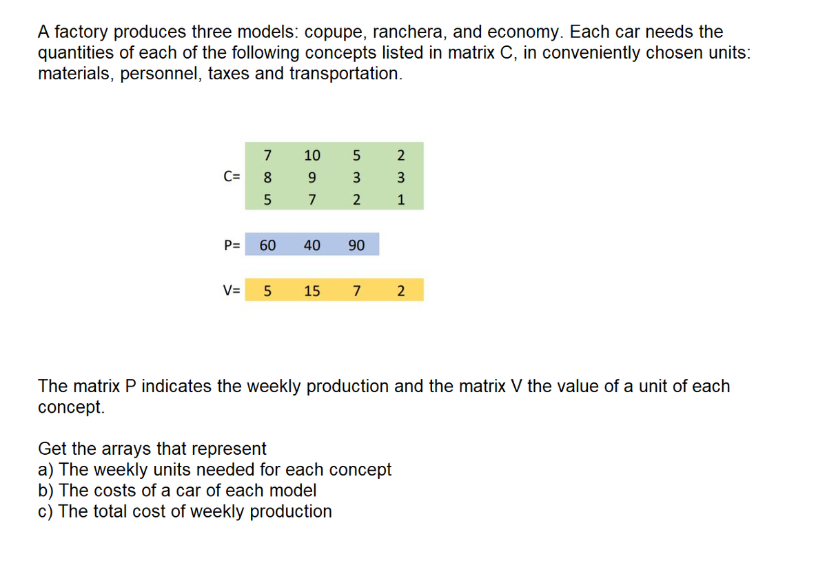 A factory produces three models: copupe, ranchera, and economy. Each car needs the
quantities of each of the following concepts listed in matrix C, in conveniently chosen units:
materials, personnel, taxes and transportation.
7
10
C=
8
9.
3
7
1
P=
60
40
90
V=
15
7
2
The matrix P indicates the weekly production and the matrix V the value of a unit of each
concept.
Get the arrays that represent
a) The weekly units needed for each concept
b) The costs of a car of each model
c) The total cost of weekly production
