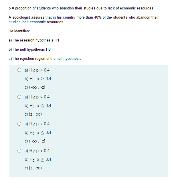 p = proportion of students who abandon their studies due to lack of economic resources
A sociologist assures that in his country more than 40% of the students who abandon their
studies lack economic resources.
He identifies:
a) The research hypothesis H1
b) The null hypothesis H0
c) The rejection region of the null hypothesis
O a) H1: p < 0.4
b) Họ: p > 0.4
c) (-00, -z]
O a) H;: p > 0.4
b) Hо: р < 04
c) [z, 00)
O a) H;: p > 0.4
b) Họ: p< 0.4
c) (-00 , -z]
O a) H1: p < 0.4
b) Họ: p> 0.4
c) [z, 00)
