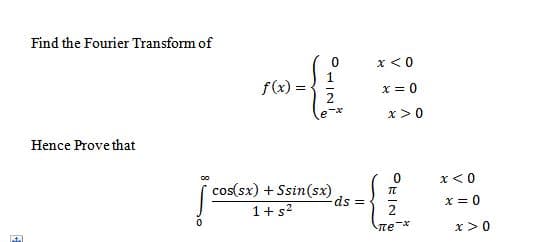 Find the Fourier Transform of
x <0
f(x) :
2
x = 0
x>0
Hence Prove that
cos(sx) + Ssin(sx)
x< 0
1+s2
ds =
x = 0
2
te*
x>0
