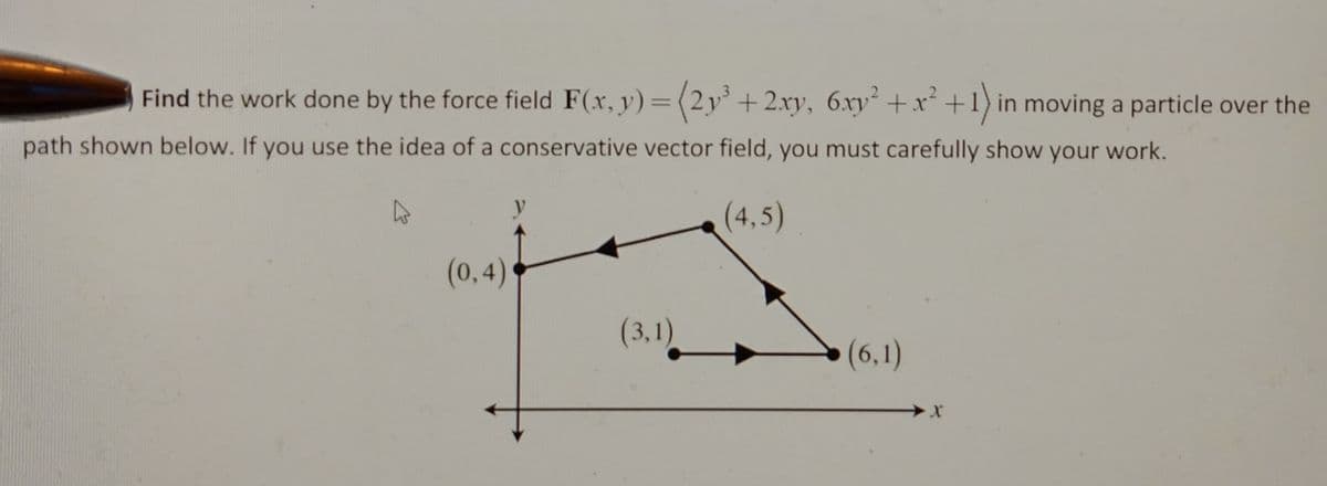 Find the work done by the force field F(x, y) =(2y°+2xy, 6xy² +x +1) in moving a particle over the
path shown below. If you use the idea of a conservative vector field, you must carefully show your work.
(4,5)
(0,4)
(3,1)
(6,1)
