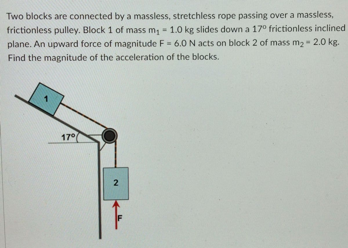Two blocks are connected by a massless, stretchless rope passing over a massless,
frictionless pulley. Block 1 of mass m, = 1.0 kg slides down a 17° frictionless inclined
plane. An upward force of magnitude F = 6.0 N acts on block 2 of mass m2 = 2.0 kg.
Find the magnitude of the acceleration of the blocks.
17°
2
