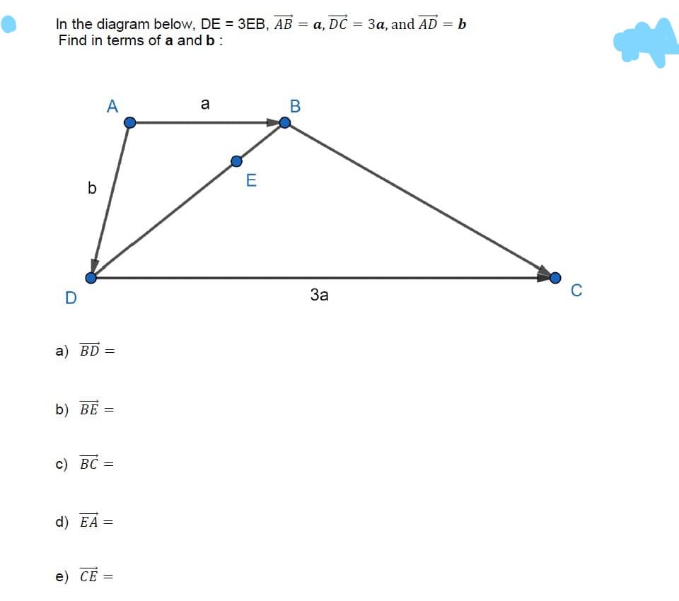 In the diagram below, DE = 3EB, AB = a, DC = 3a, and AD = b
Find in terms of a and b :
A
a
B
E
b
За
C
а) BD
b) BE =
с) ВС —
d) EA =
e) CE =
||
