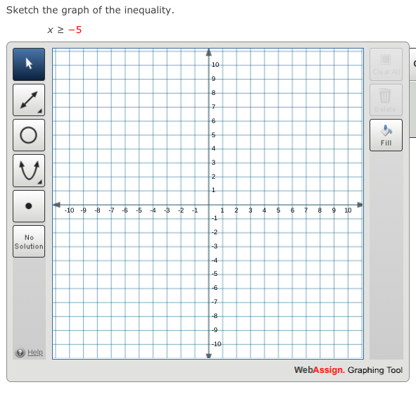 Sketch the graph of the inequality.
x 2 -5
10
Clear All
Delete
Fill
1
-4 3 -2 -1
-1
-10 -9
-B -7 -6 -5
1
2
4
10
-2
No
Solution
-3
-4
-5
-6
-7
-8
-9
-10
Help
WebAssign. Graphing Tool
