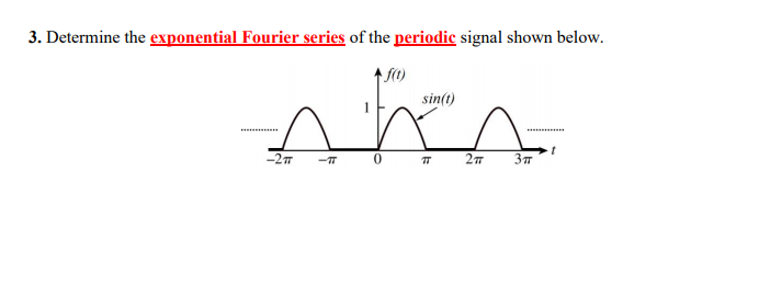 3. Determine the exponential Fourier series of the periodic signal shown below.
sin(t)
-27
2т
Зп
