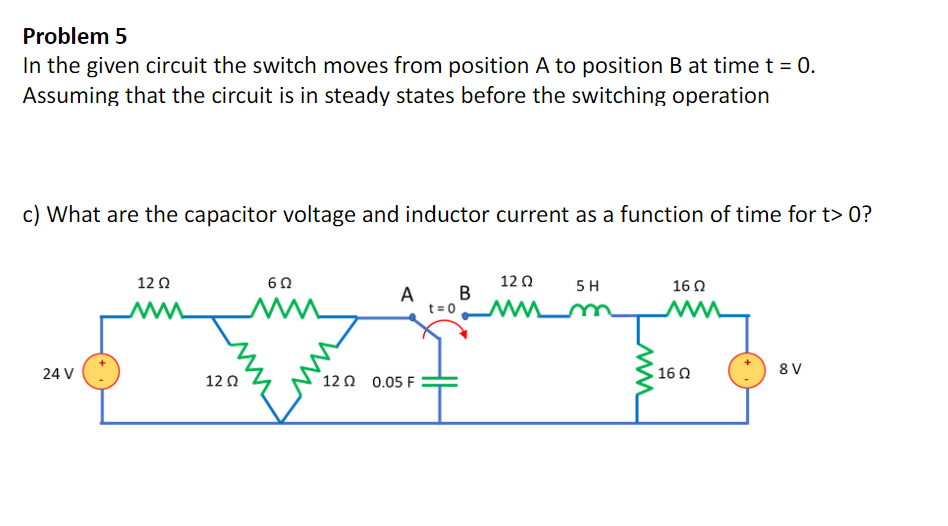 Problem 5
In the given circuit the switch moves from position A to position B at time t = 0.
Assuming that the circuit is in steady states before the switching operation
c) What are the capacitor voltage and inductor current as a function of time for t> 0?
12Ω
B
12 0
5 H
16 0
A
t= 0
ww
24 V
16 0
8 V
12 0
12 0 0.05 F
