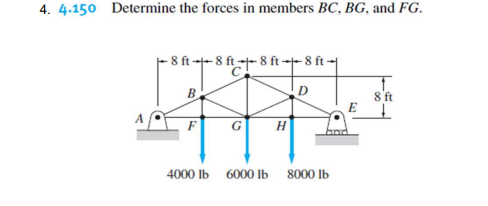 4. 4.150 Determine the forces in members BC, BG, and FG.
8 ft -- 8 ft - 8 ft --- 8 ft-
B.
8'ft
E T
4000 Ib
6000 lb
8000 Ib
