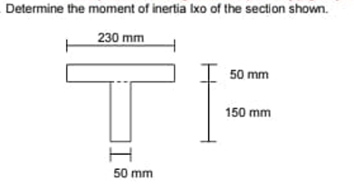 Determine the moment of inertia Ixo of the section shown.
230 mm
50 mm
150 mm
50 mm
