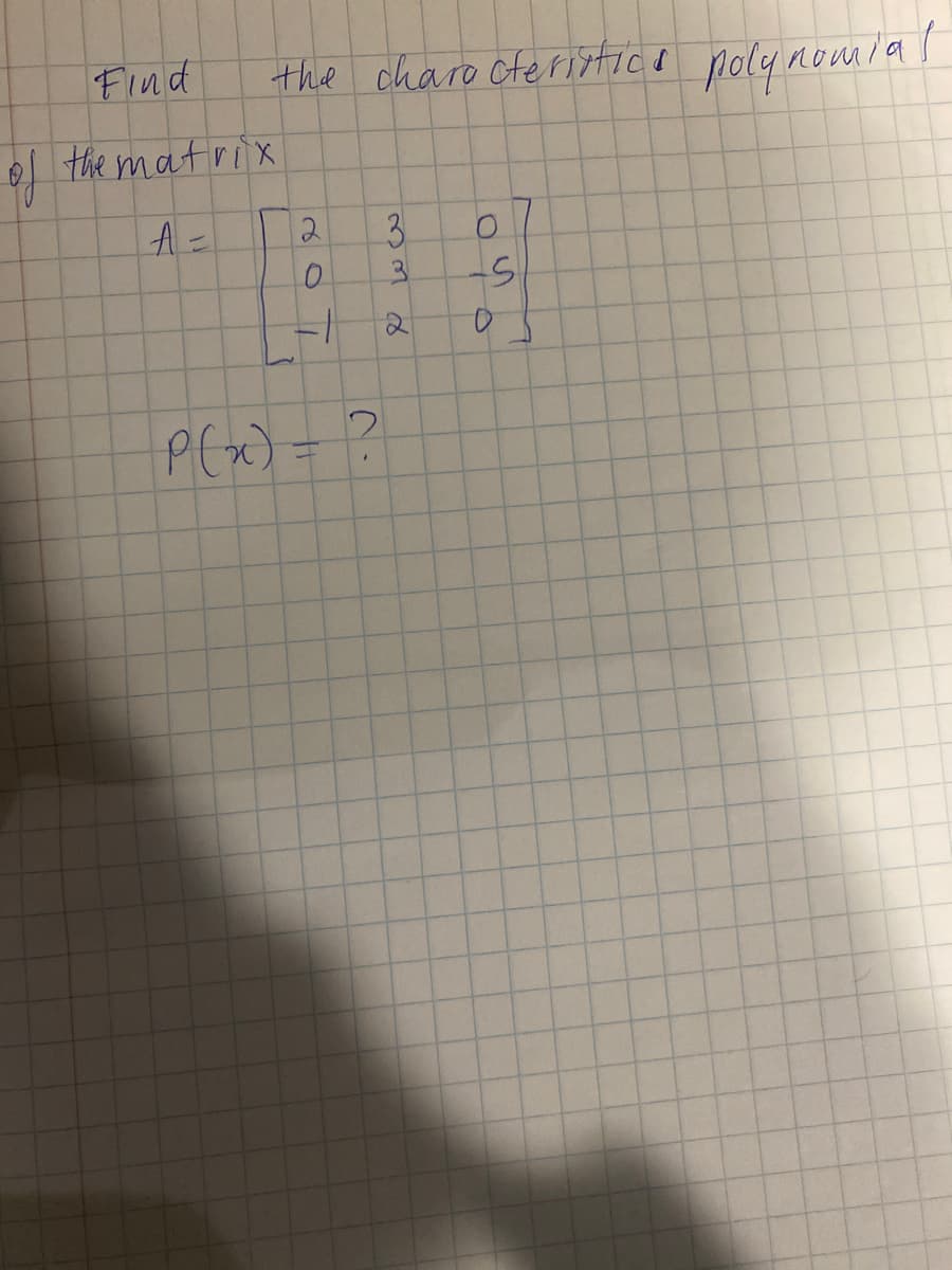 Find
the charo oterigtica
polqnomial
o the matrix
A=
3.
/-
PEx) =
